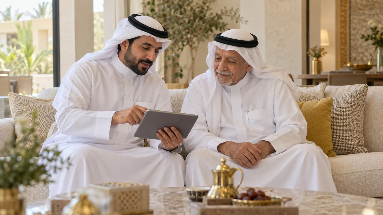 شاب يعرض على والده تفاصيل طلب الخدمة عبر جهاز لوحي